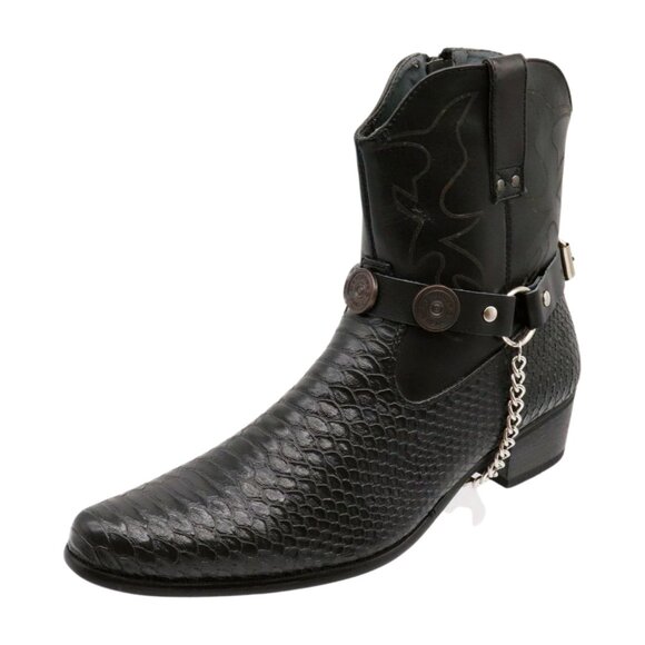 NEW Men Biker Boot Silver Chain Faux Leather 2 Straps Shotgun Bullet Shell Charm - Picture 14 of 16